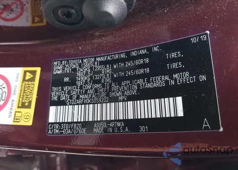 2019 Toyota Highlander Le z USA, uszkodzony, nr VIN 5TDZARFH0KS059202